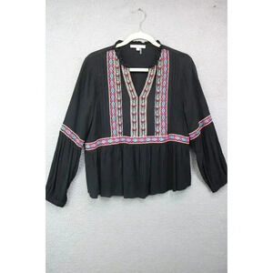 Andrea by Unit Long Puff Sleeves Embroidered Babydoll Top-Size Large-Boho